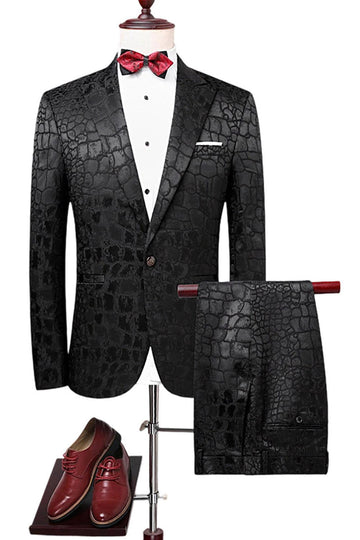 Svart Textur Peak Kavajslag 2 Delad Prom Kostymer